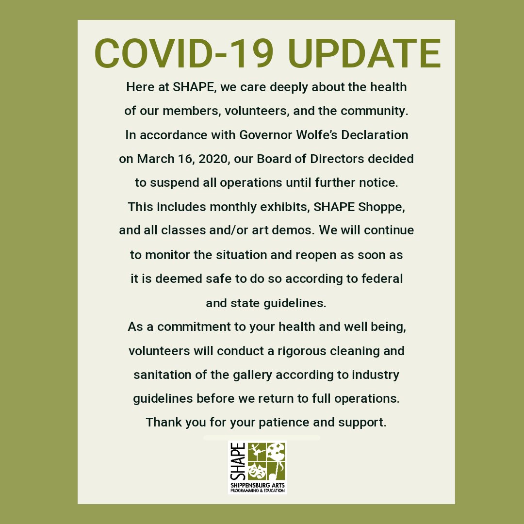 SHAPEgallery's tweet photo. Here is our official statement in regards to COVID-19. Please share with fellow art supporters. #coronavirus #shippensburg #shippensburguniversity #supportlocalart https://t.co/rMWq748kaE