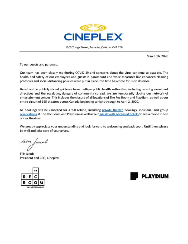 CineplexMovies's tweet photo. Our continued Response to COVID-19. https://t.co/WvqAAm1EVh