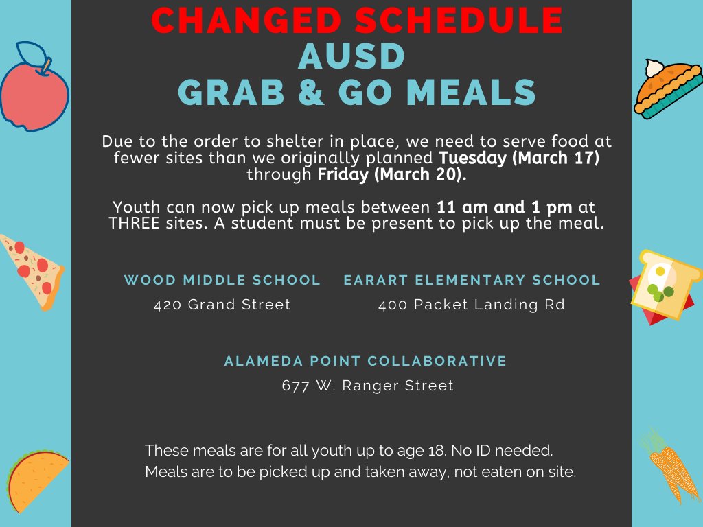 AUSDNews's tweet photo. Due to the Shelter in Place order, we need to reduce the number of places where we will be serving food.  Can you help us get this updated information out to your communities,? We appreciate your help! https://t.co/hK4cI6pqVB