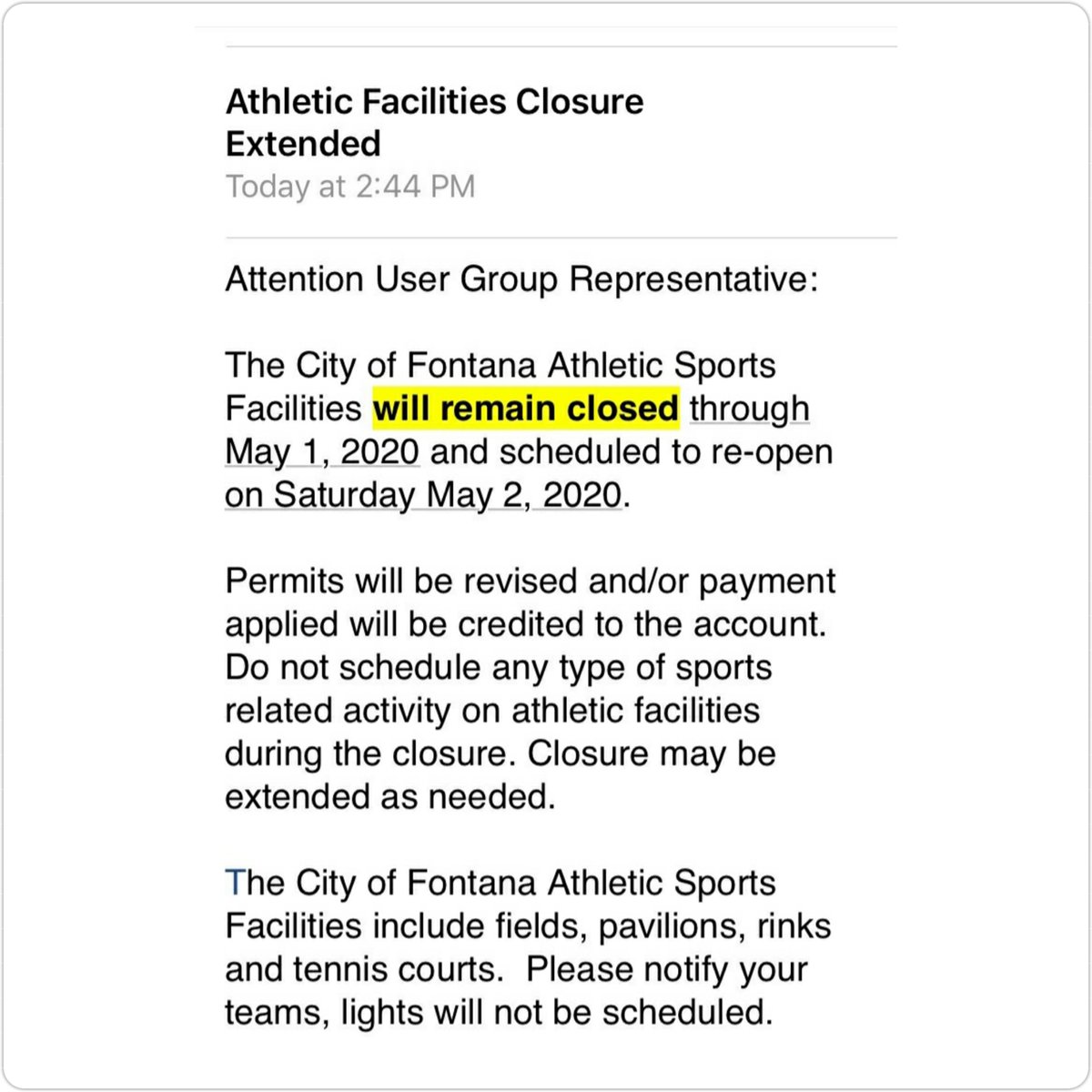 FontanaAYSO's tweet photo. City of Fontana has closed all parks until May 2nd. As of this moment, our AYSO soccer season is ON HOLD until after this date.
We truly appreciate everyone's patience and understanding during these times. We hope to be able to continue the Spring Season after the reopening  park https://t.co/Cx100pIp6K