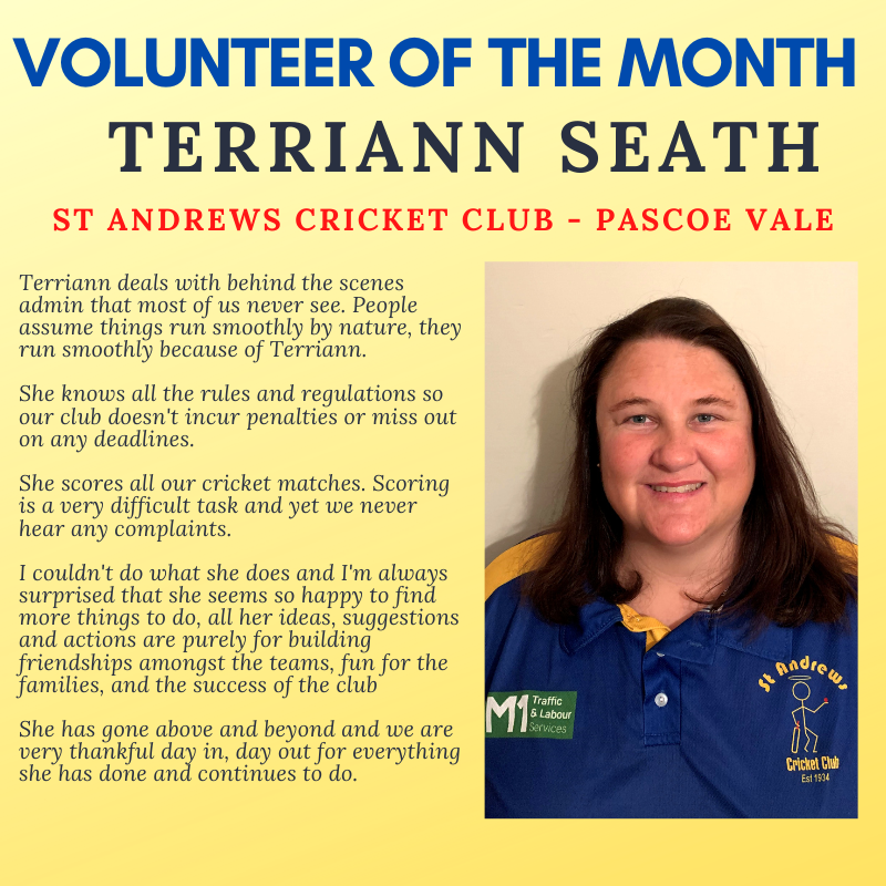 Congratulations to Terriann Seath from the St Andrews Pascoe Vale Cricket Club for winning our Volunteer of the Month for March 👏

You can make a nomination for our 'Volunteer of the Month Award' here: cricketvictoria.wufoo.com/forms/zmmxme40…