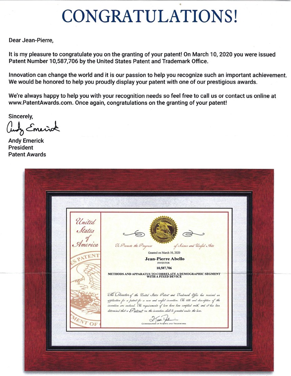 jpabello's tweet photo. My first @Nielsen Patent Number 10,587,706 got granted today #IoT #demographics #measurement https://t.co/ouqPz6R8Bh