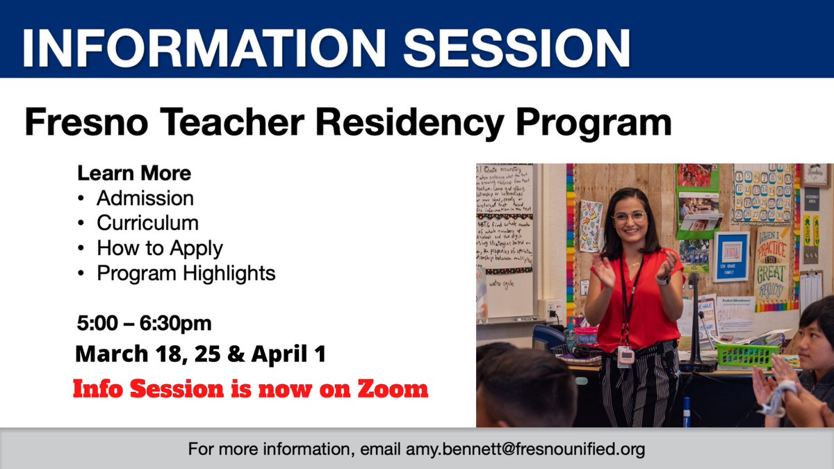 Information session is now on Zoom: bit.ly/2xDM21b

Want to teach at <a href="/fresnounified/">Fresno Unified</a>?
Check out our Fresno Teacher Residency Program!
⬇️ 
Details: bit.ly/38DSa6F