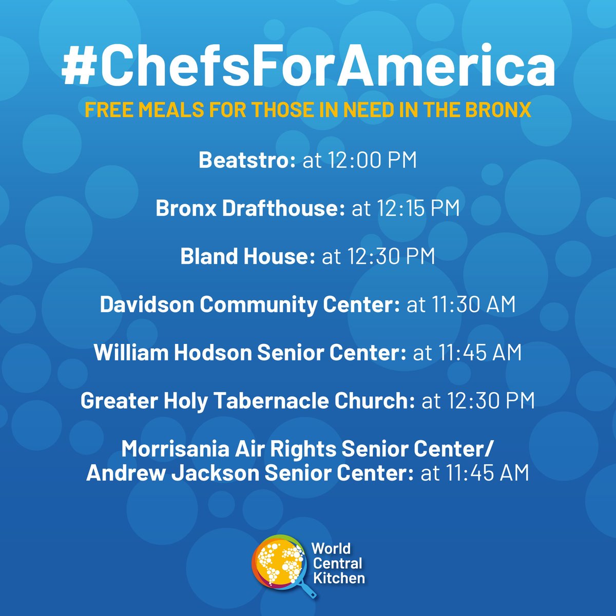 WCKitchen's tweet photo. WCK #ChefsForAmerica update 📣 Starting tomorrow, we're working with @MrMikeBlake to distribute fresh, individually packaged grab-and-go meals to families in need in The Bronx! Locations listed below &amp; more info available at https://t.co/gcKsWx5bIS #BuildingABetterBronx https://t.co/p9uTp17ycd