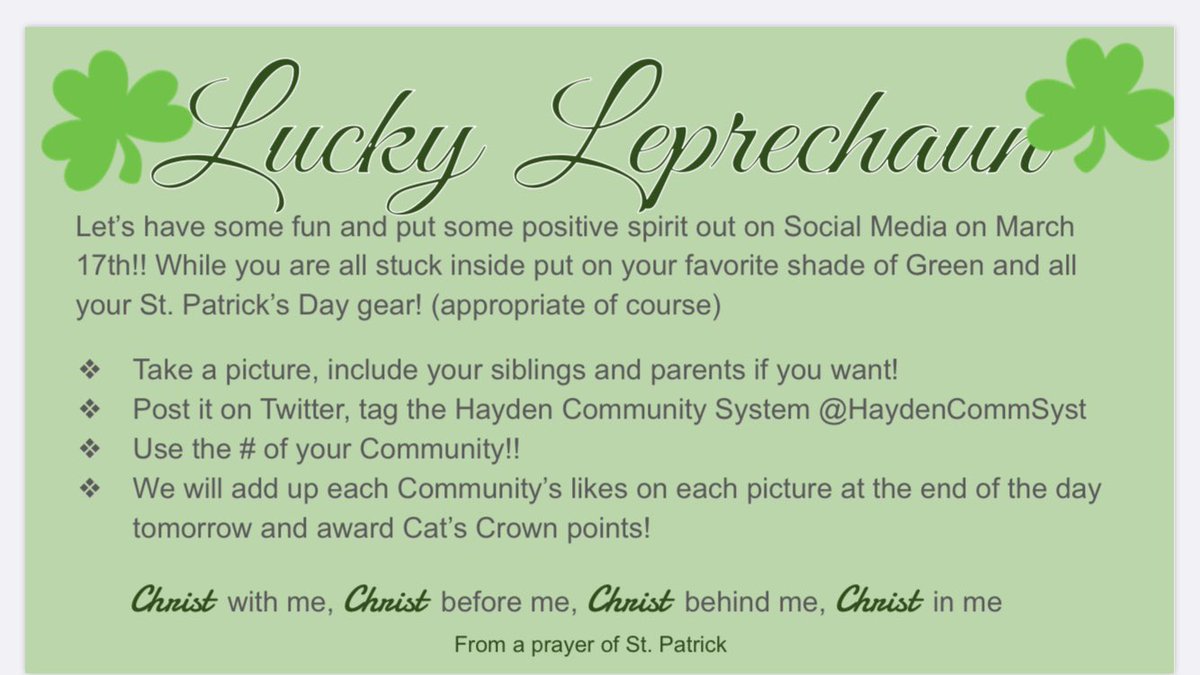 Hey <a href="/HaydenHigh/">Hayden Catholic HS</a> Wildcats!! Contest time!! Check your email, and let’s see some Festive pictures tomorrow! Cats Crown points will be awarded! ☘️ <a href="/hayden_spirit/">Hayden Spirit</a> <a href="/rosemariaa2719/">Rosie Anguiano</a> <a href="/AndrewSchmidt96/">Andrew Schmidtlein</a> <a href="/whiplash_06/">Bailey Thompson</a> <a href="/cade_pavlik/">Cade Pavlik</a> <a href="/ava_lemon7/">Ava Lemon</a> <a href="/josmariechic/">Josephine Cummings</a> <a href="/kyrabauer2/">Kyra</a> <a href="/Crady06/">McKenna Crady</a> <a href="/jessengholm911/">Jessica Engholm</a>
