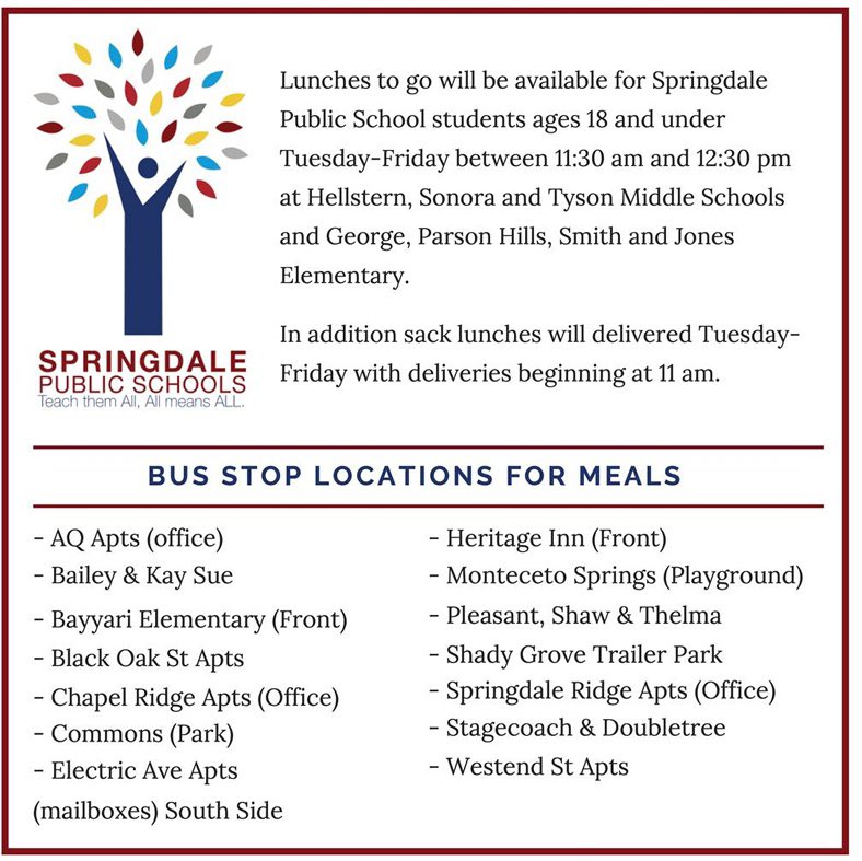 LiveSpringdale's tweet image. The Springdale School District is providing meals at select schools and dropping them off at bus stop points. Read the list for where. Share with everyone!
livespringdale.com/news20-40.html