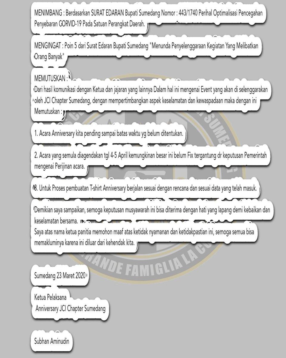 MENIMBANG : Berdasarkan SURAT EDARAN Bupati Sumedang Nomor : 443/1740 Perihal Optimalisasi Pencegahan Penyebaran CORVID-19 Pada Satuan Perangkat Daerah.

MENGINGAT : Poin 5 dari Surat Edaran Bupati Sumedang "Menunda Penyelenggaraan Kegiatan Yang Melibatkan Orang Banyak"