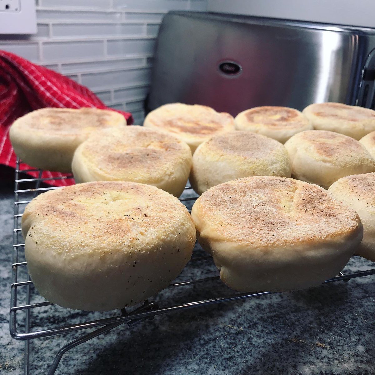 Bread #31: English Muffins. At 16-ish hours, these were a haul. And I sliced them with a knife, thus ruining my hooks and crannies! But they were tasty and a fun special project, with a unique place in my heart as my first time baking on IG live and while  #socialdistancing.