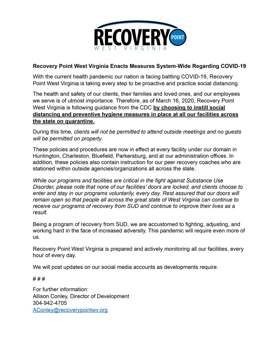 RecoveryPointWV's tweet image. Statement from Recovery Point West Virginia regarding COVID-19: