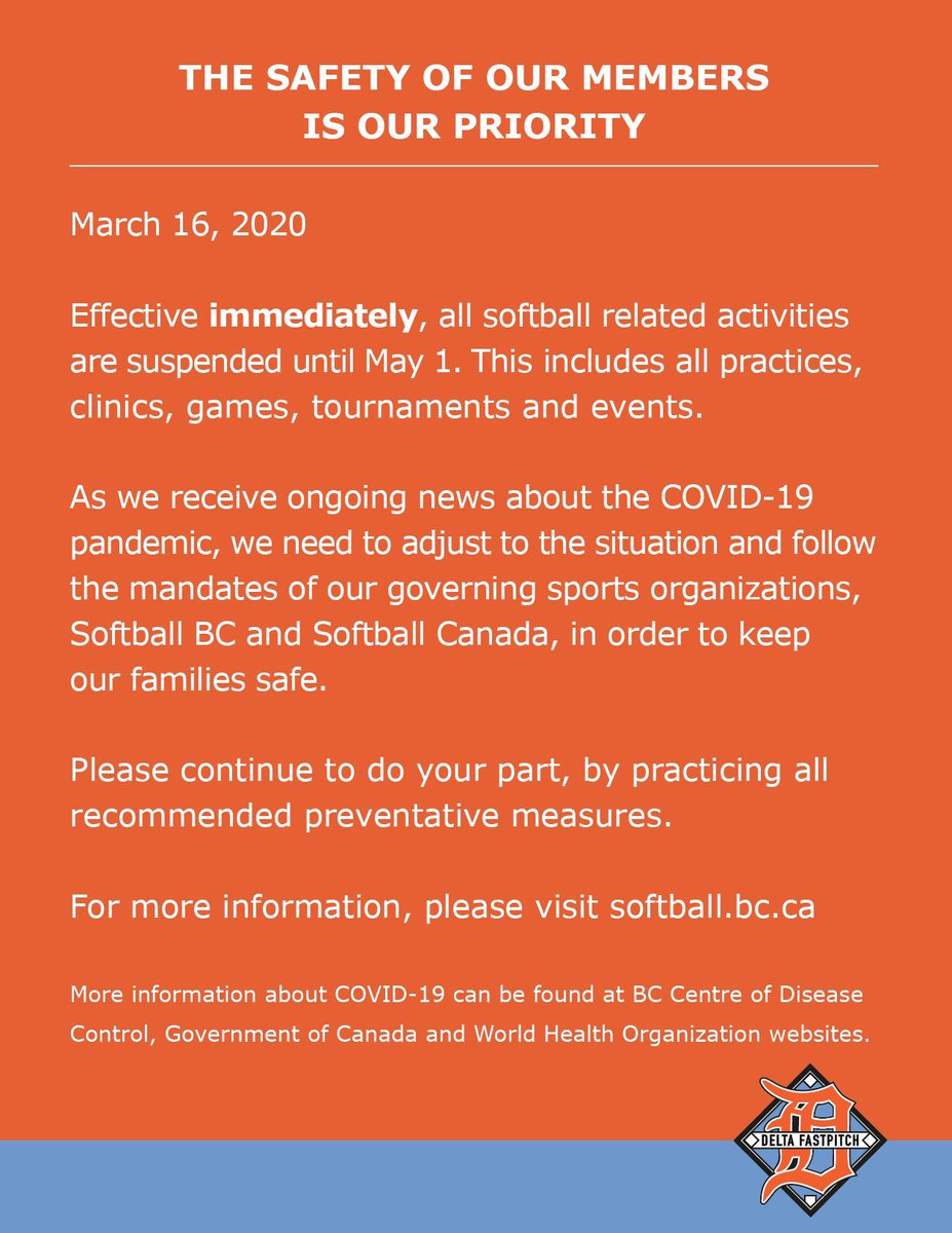 Effective immediately all softball related activities have been suspended until May 1. Full communication from <a href="/Softballbc/">Softball BC (BCASA)</a> at softball.bc.ca
