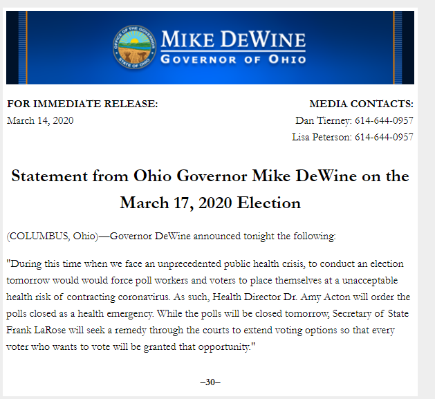 jake_zuckerman's tweet photo. BREAKING: Just hours after a judge rebuffed a lawsuit to delay the elections, DeWine says polls are closed tomorrow.

"Health Director Dr. Amy Acton will order the polls closed as a health emergency." https://t.co/uF8wP7cvLp