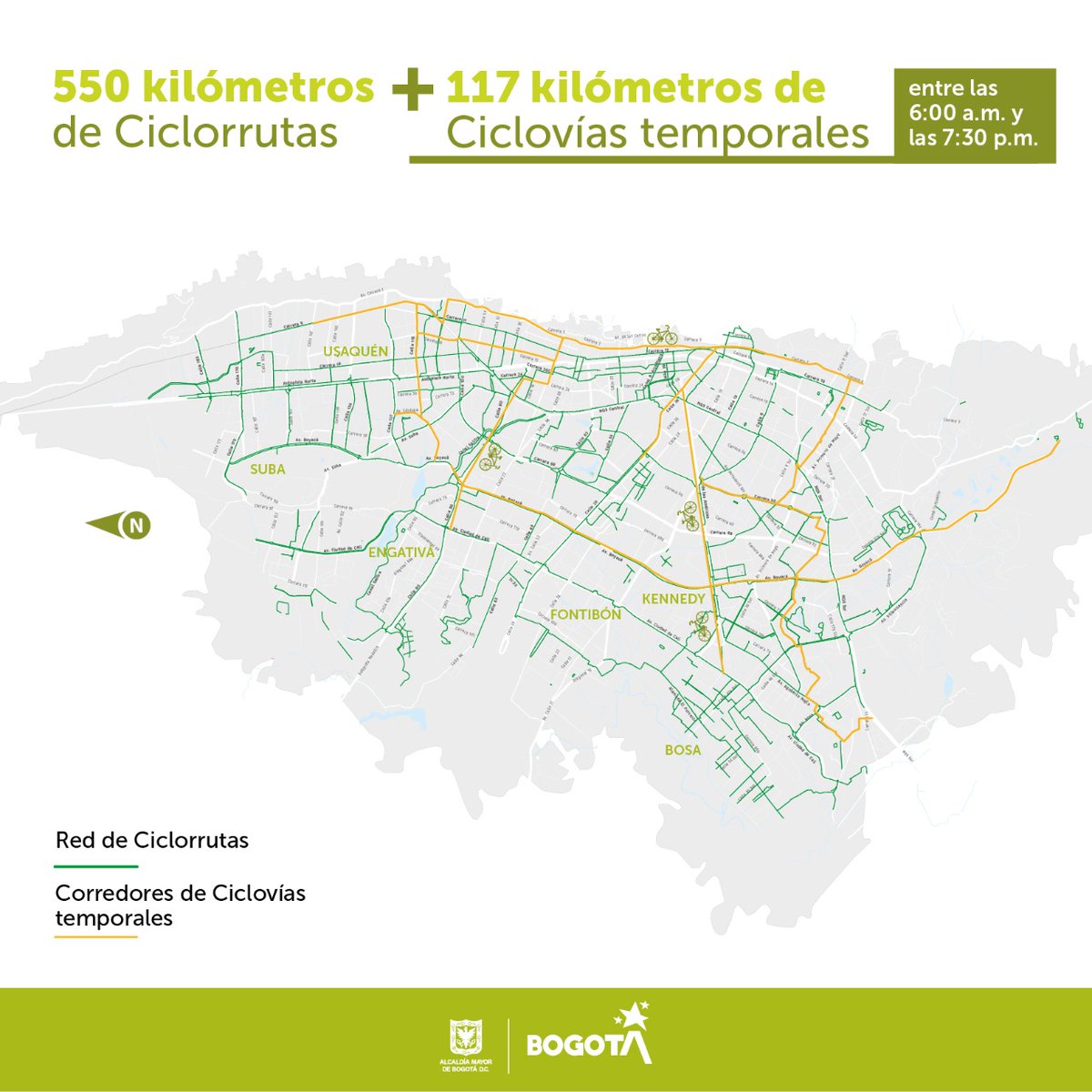 Ampliamos nuestras ciclovías temporales y a partir de este martes llegamos a 117 km. Estaremos por toda la ciudad de 6:00 a.m. a 7:30 p.m. en jornada continua. Con esta medida evitamos aglomeraciones en el sistema de transporte público #SúbeteALaBici