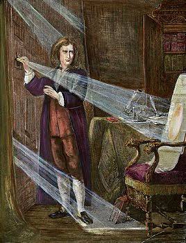 ST_phys_bot's tweet photo. 【ニュートンの創造的休暇】

1665年から1666年、ペストの大流行で学校が閉鎖になったとき、思索の時間を与えられたニュートンは家にこもり、微積分や万有引力の法則を発展させた。また、プリズムによる分光実験を行ったのもこのとき。 https://t.co/wT89zQaJ0U