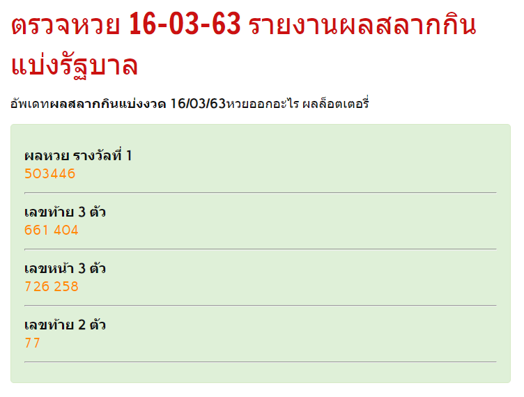 siamlottery's tweet photo. #ตรวจหวย หวย ผลสลากกินแบ่งรัฐบาล 16 มีนาคม 2563
รางวัลที่ 1 ได้แก่ 503446
เลขหน้า 3 ตัว  ได้แก่ 726 258
เลขท้าย 3 ตัว  ได้แก่ 661 404
เลขท้าย 2 ตัว  ได้แก่ 77
ดูทั้งหมดทุกรางวัล https://t.co/gMtOeCxxIN https://t.co/nPFlcMKtvg