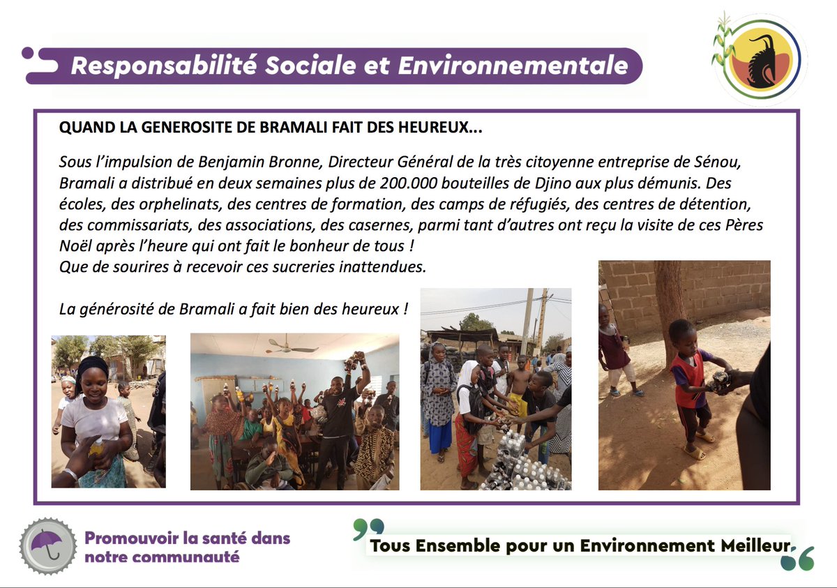 BRAMALI5's tweet photo. La Bramali a offert plus de 200.000 bouteilles de D'jino aux enfants démunis dans le cadre de la responsabilité sociale et environnementale ! 

#rse #bramali https://t.co/uMeXhJPdNW