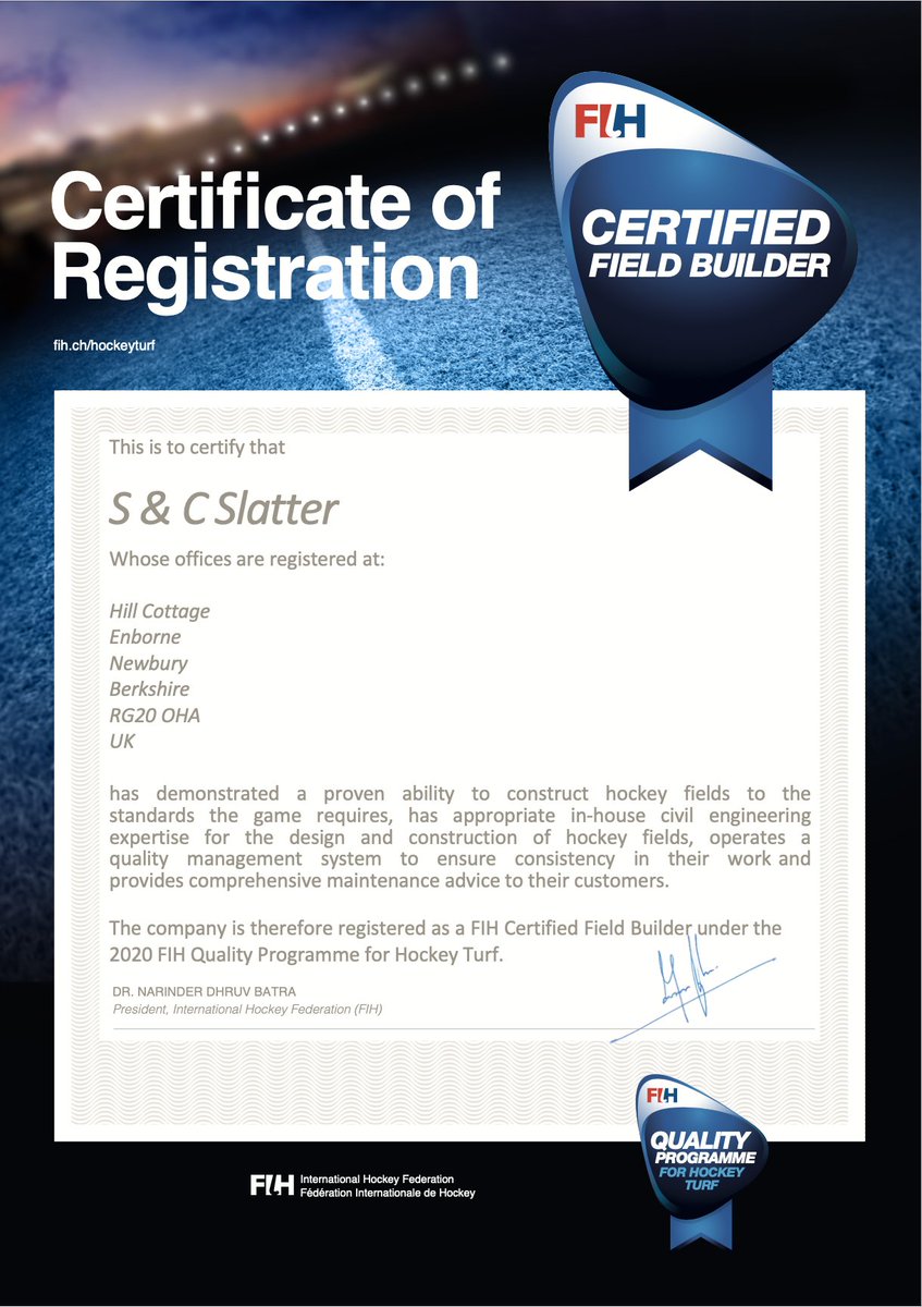 SCSlatter's tweet photo. We're thrilled to be renewed as a @FIH_Hockey FIH Certified Field Builder under the 2020 @FIHQP Quality Programme for Hockey Turf! #quality_matters #FIHCertified #Hockey #FIH #SportsConstruction https://t.co/lQi9bz8qUU