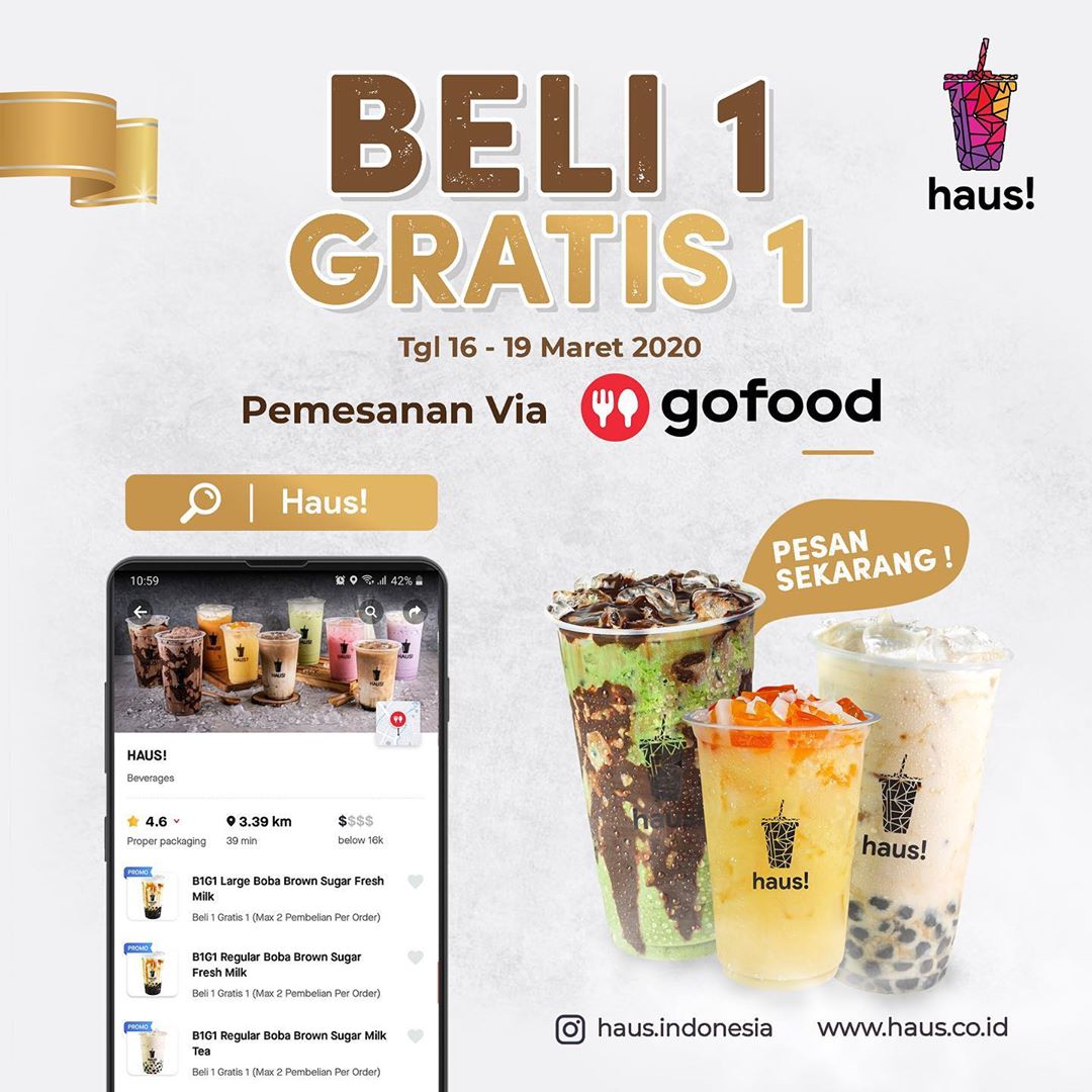 katalogpromosi's tweet photo. Haus Indonesia Promo Beli 1 GRATIS 1 Boba Series khusus pemesanan via Aplikasi Gofood berlaku mulai tanggal 16-19 Maret 2020 | Lihat yuk informasi promosi selengkapnya di sini https://t.co/V3NyQiFrlx 
#haus #promohaus #promogofood #infokatalogpromosi https://t.co/Wp748MRYU8
