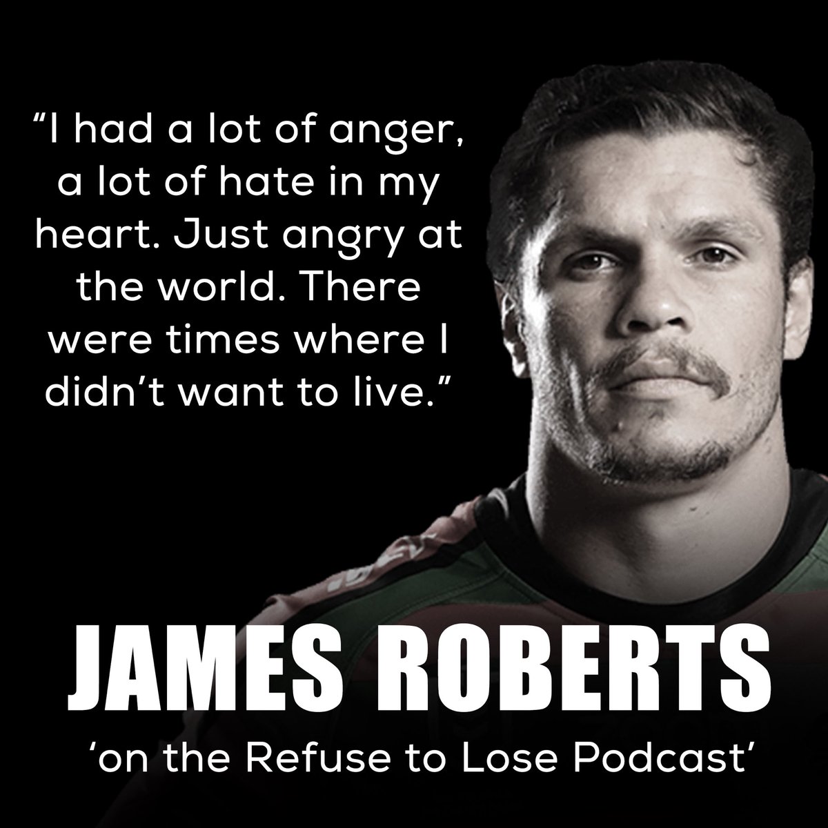 RefusePodcast's tweet photo. Episode 1 - Coming soon - South Sydney star James Roberts had a tough childhood bouncing around homes. In this podcast he reminds us that not everyone is brought up the same way and early life trauma can impact people for a long time #refusetolose #jimmythejet #nrl #rabbitohs https://t.co/Xgs9nQ7DzP