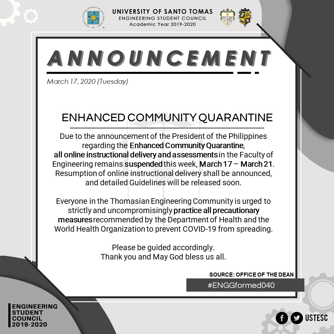 USTESC's tweet photo. #ENGGFORMED: ENHANCED COMMUNITY QUARANTINE

Due to the implemented Enhanced Community Quarantine, all online instructions and assessments are suspended from Mar 17 - Mar 21 2020. Resumption of online activities and its guidelines shall be announced soon.

Thank you and God Bless. https://t.co/wZaoTvOp7P