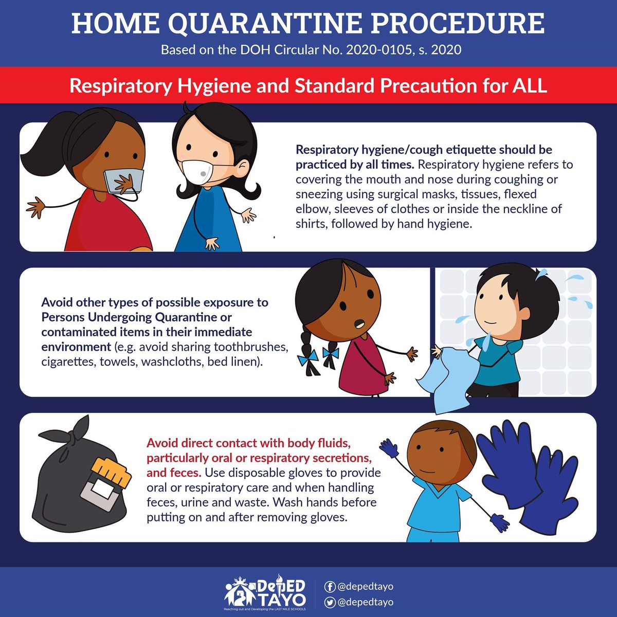 DENROfficial's tweet photo. LOOK: Home Quarantine Procedures created by @depedtayo! Remember to dispose used masks and gloves properly. #COVID19 #SolidWasteManagement
#CleanAndHealthyEnvironment
📸 @depedtayo https://t.co/nmCWGCLICs