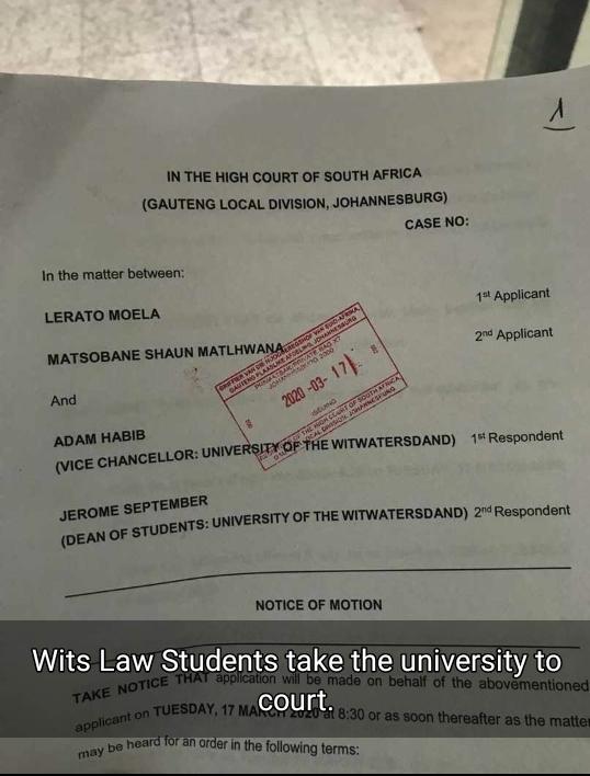 Khumalo_Bound's tweet photo. Wits Law student have taken @WitsUniversity @AdHabb to court over instructing students to living res within 72 hours without providing a contingency plan

@Wits_SRC @WitsEFF @Newzroom405 @News24 @tshidi_lee @MightiJamie https://t.co/QuWANLZyxK