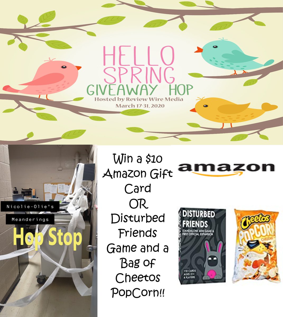 nikalann28's tweet photo. Hello Spring Giveaway Hop Stop now Live!
Daily Entry, 18+, Continental US only
(1) Prize: Winners choice of either a $10 Amazon GC OR the game Disturbed Friends & a Cheetos PopCorn snack
https://t.co/fvwzflXCuS
#SpringHop #Giveaway #QuarantineAndChill https://t.co/k8S62S5Rzk