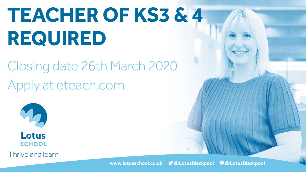 LotusBlackpool's tweet photo. Our brand new school is opening in Blackpool, this September, so we are recruiting a Teacher of Key Stage 3 and 4. Apply now https://t.co/MUcYE1KSvH
#jobvacancy #teachingvacancy #Blackpool https://t.co/BrwvwGA2lX
