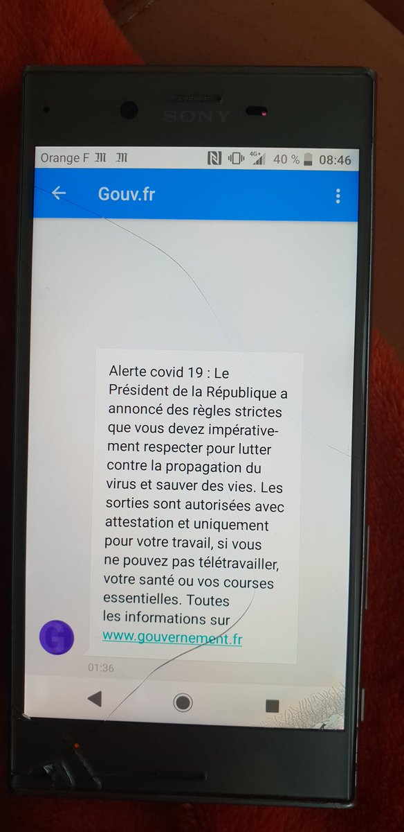 annafrenyo's tweet photo. #COVID19france SMS from the government yesterday evening after Macron had declared war against the virus and a partial curfew. https://t.co/ABp2R0Djk1