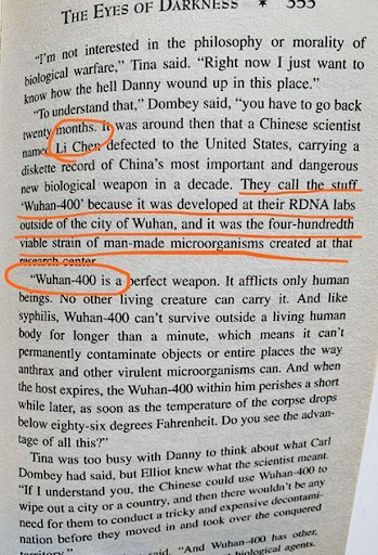 coronawarriors's tweet photo. In Mr Koontz, #TheEyesOfDarkness #novel , #wuhan400 is a bioweapon that kills everyone it comes into contact with in the first 12 hours.

In the novel, a characters says Wuhan-400 would wipe out a city or a country' without the need for "expensive decontamination". https://t.co/t9BMV0Zxuf