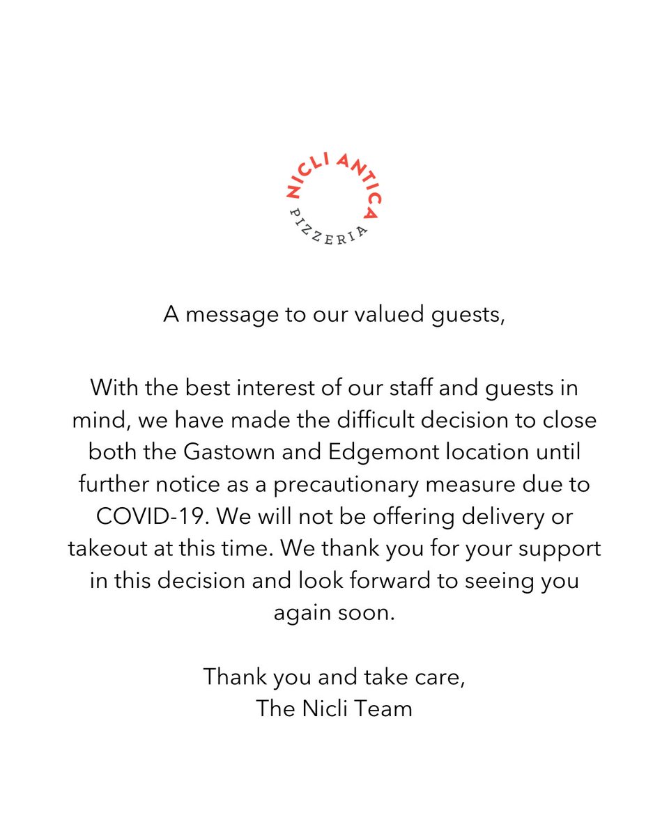 A message to our valued guests. We will be closing until further notice as a precautionary measure due to COVID-19.