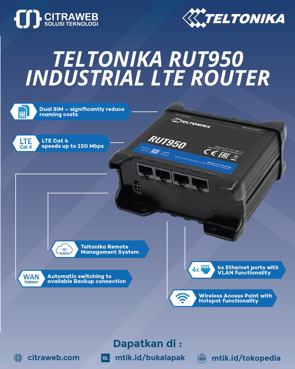 citraweb_com's tweet photo. Pembelian Teltonika RUT950 - LTE CAT4 Industrial Cellular Router melalui
https://t.co/uUbNoQ9jpt
Spesifikasi RUT950
https://t.co/LlSCrZH6TZ
Contoh penerapan perangkat Teltonika
https://t.co/5dqEvEFZaV
#RUT950 #Teltonika #DualSIM #LTE #LTERouter #IndustrialRouter #Citraweb #CST https://t.co/jWbiHHVOgv