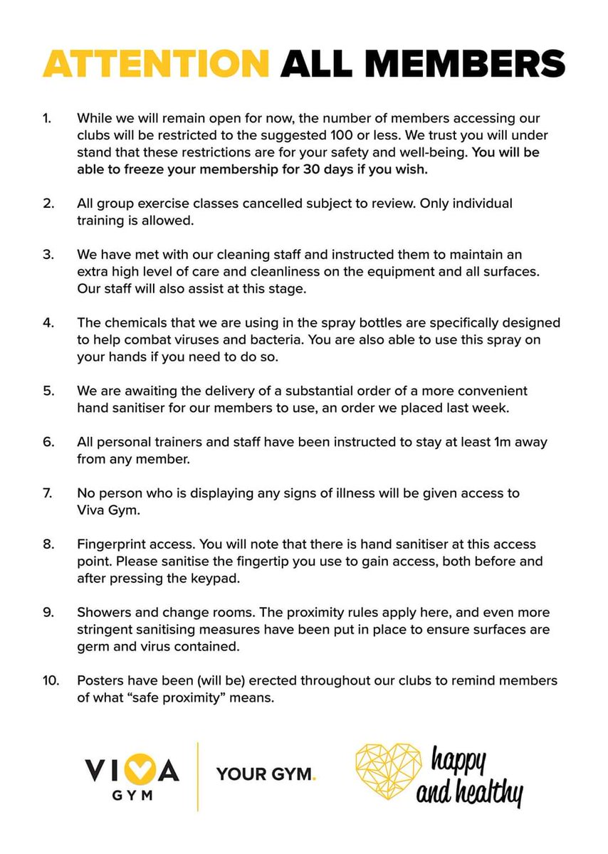 Coach_Linzito's tweet photo. ***Announcement ***
Group Exercise classes @VivaGymSA have been cancelled until further notice. Please read the circular below for more information and tips on staying healthy during this #CoronaVirus outbreak cc @Linzito85 #RideWithLinzito https://t.co/waN9pPE7iL