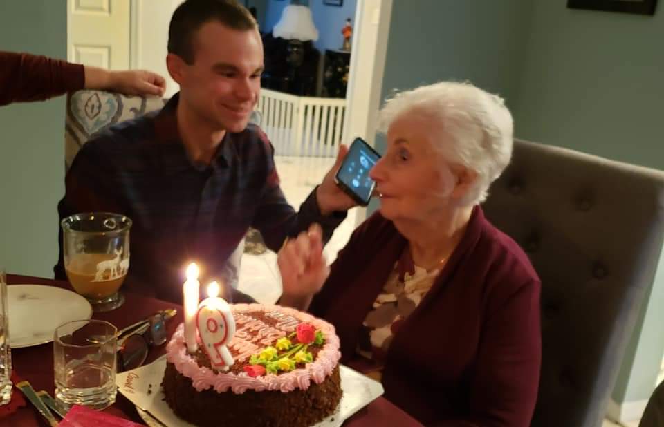 November 28, 2019. Nana's 90th birthday and Thanksgiving. We were talking with Jaclyn on the phone all the way from Japan when the birthday cake came out. "Hold on, I have to blow out the candles." (Photo credit: Mommy)
