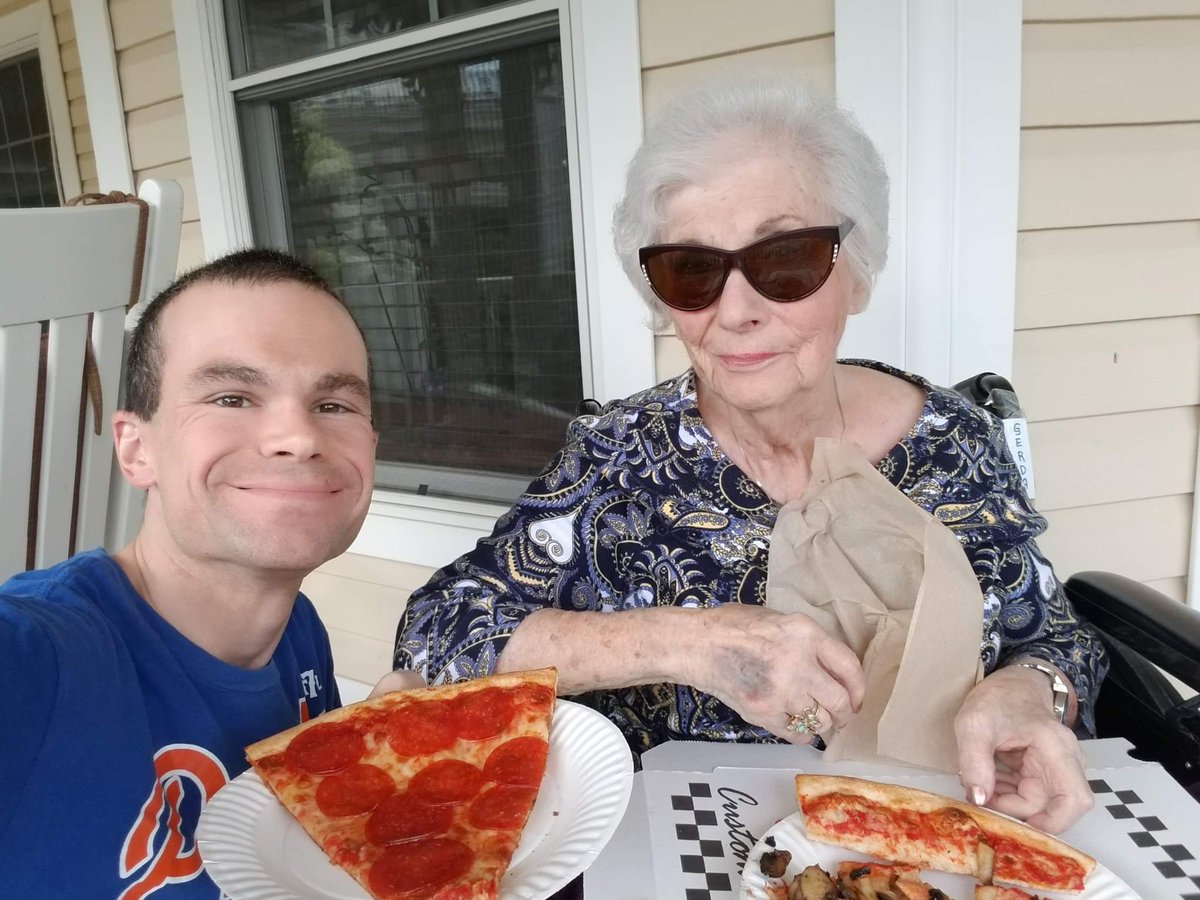 August 2019. Pizza on her porch.