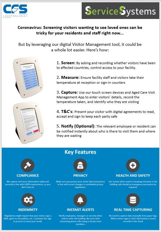 CFSAustralasia's tweet image. I am excited to announce that our newly launched digitised Visitor Management system can be used to screen and manage visitors to aged care facilities! @RoyalAged @talkingagedcare #coronavirusaus #visitorscreening @AgedCareInsite @AgedCareQuality #CustomerExperience