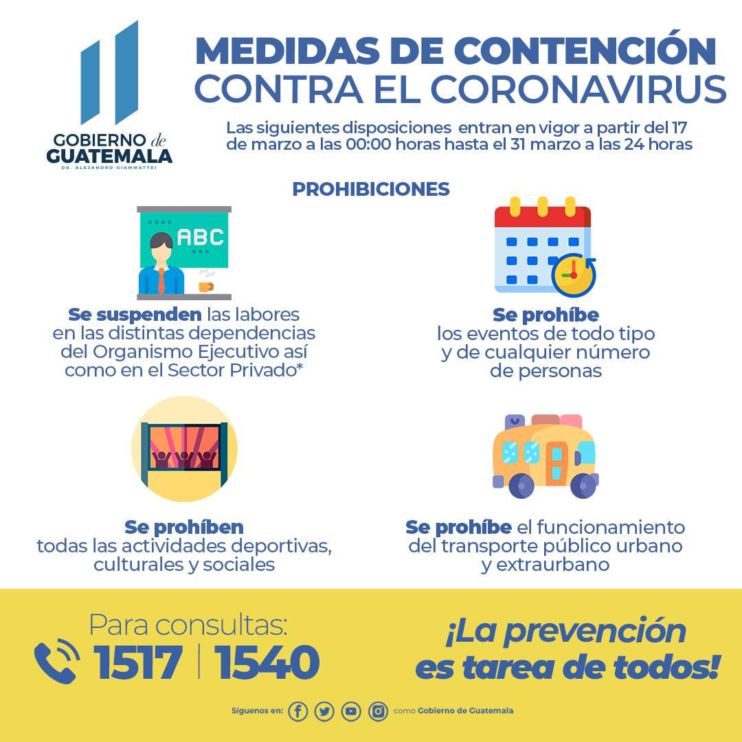 GuatemalaGob's tweet photo. Medidas de contención contra el Coronavirus (Covid-19)

Prohibiciones. https://t.co/qjywpV3dnc