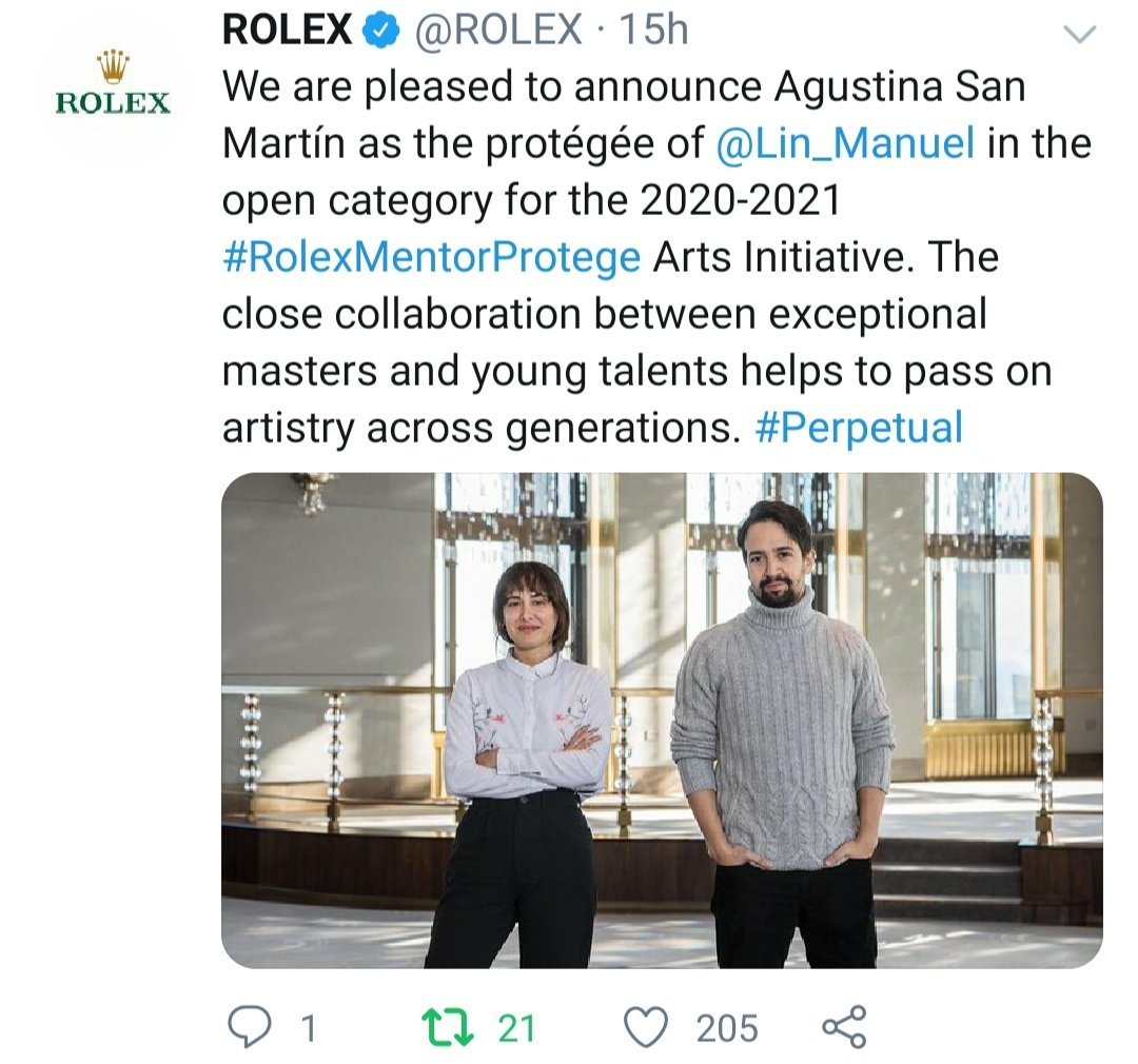 Low-key putting this here for all the people who missed the retweet and are confused.
Mr Miranda teams up with Rolex for their #RolexMentorProtege Arts Initiative as Mentor. His protégé is Agustina San Martín.