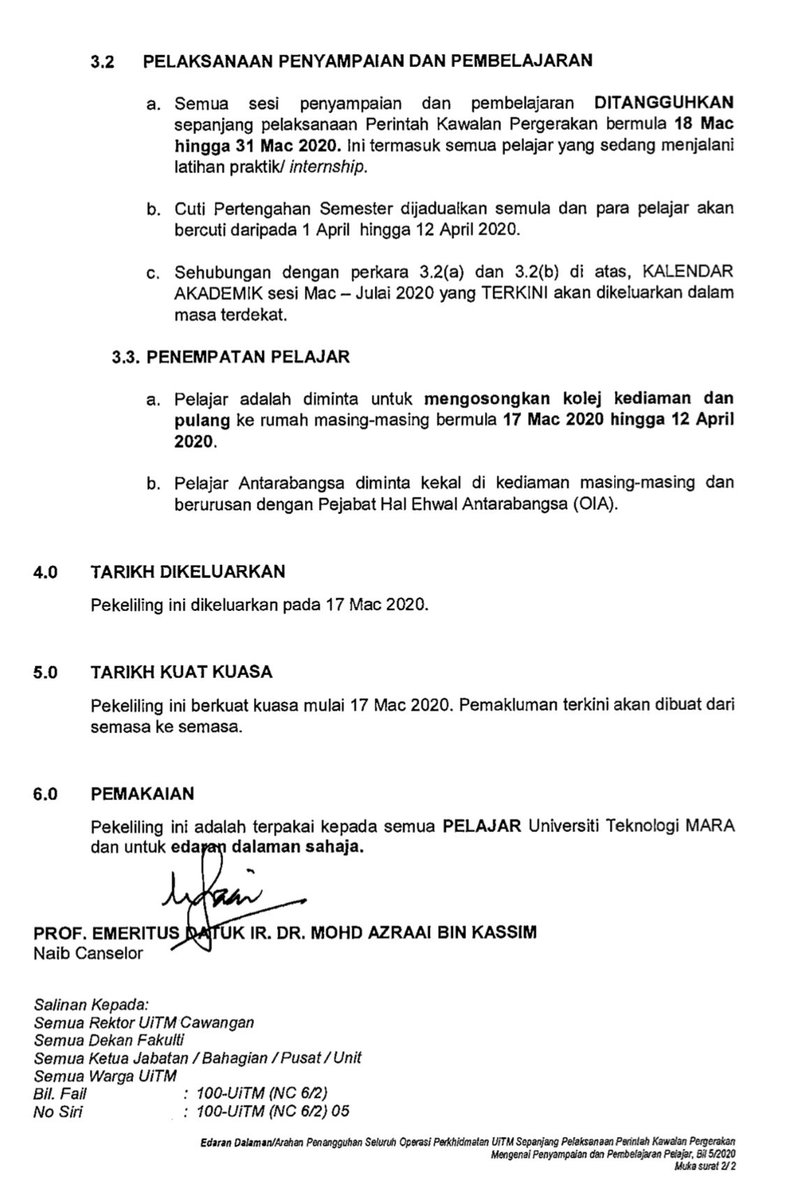 Vcuitm On Twitter Pekeliling Naib Canselor Bilangan 05 Tahun 2020 Arahan Penangguhan Seluruh Operasi Perkhidmatan Universiti Teknologi Mara Sepanjang Pelaksanaan Perintah Kawalan Pergerakan Dan Mengenai Penyampaian Dan Pembelajaran Pelajar Uitm