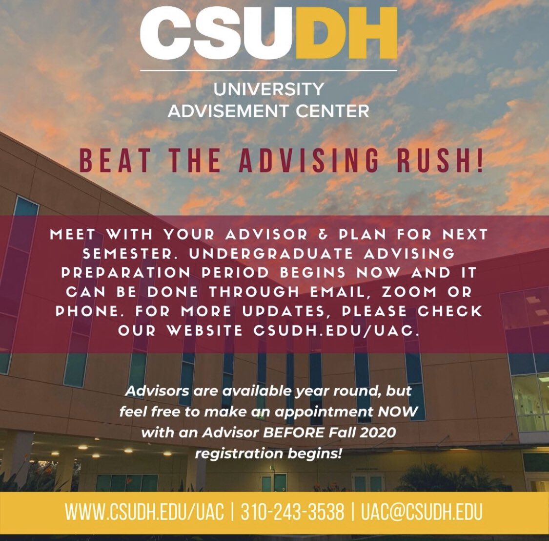 CSUDHAdvisement's tweet photo. BEAT THE ADVISING RUSH!
Meet with your Advisor &amp; plan for next semester.  Undergraduate Advising Preparation Period Begins NOW; it can be done through email, zoom or phone. For more updates, check our website https://t.co/9RAfRDoZCg.
To request an appt: https://t.co/G5lh5bzpc7 https://t.co/xLQ14Gib3r