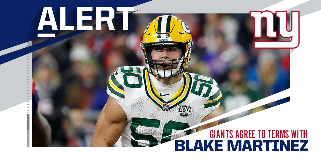 Giants, LB Blake Martinez agree to three-year, $30M deal. (via @MikeGarafolo + @RapSheet)