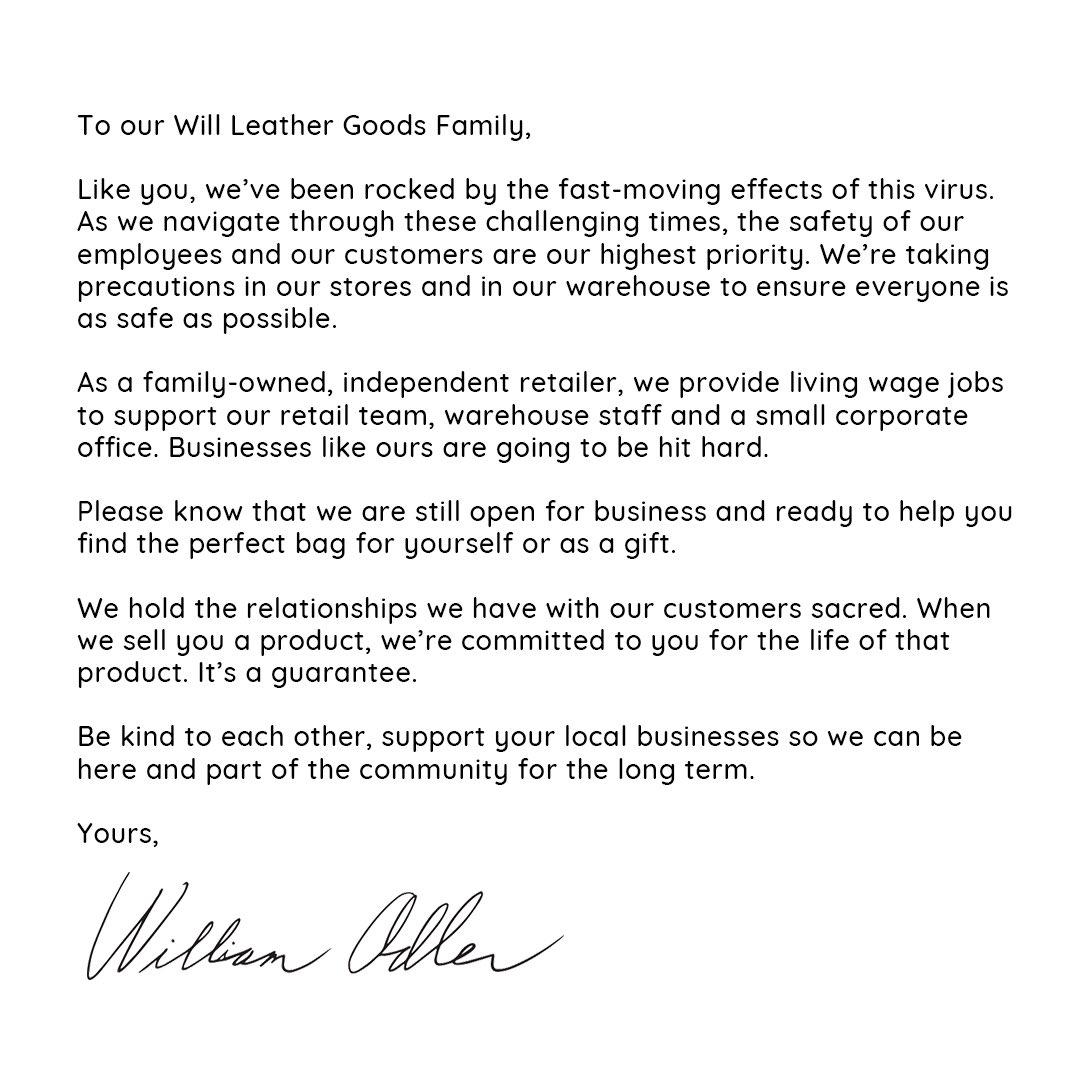 WillLeather's tweet photo. Support your local independent retailers. A message from our founder. #openforbusiness #shareyourwill https://t.co/SM3YdZVtgg
