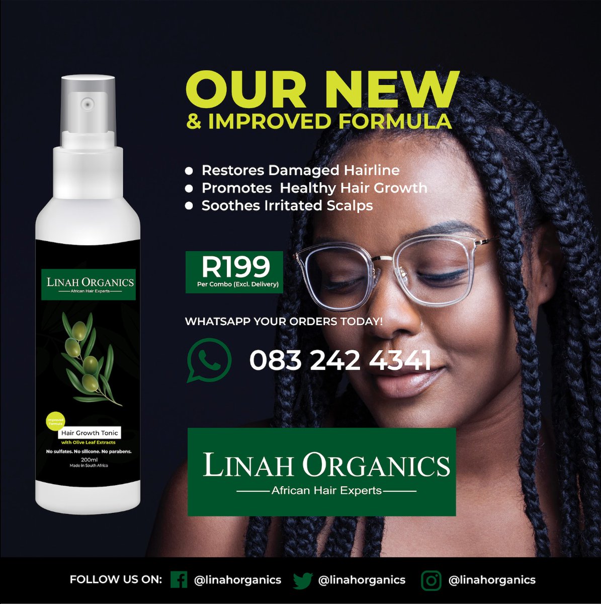 Have you tried our hair growth tonic?

✔️ Repairs dameged hair
✔️ Promotes healthy hair growth 

WhatsApp your order to 0832424341

Get yours for only R199.00
Facebook : Linahorganics 

#Keahustle #GirltalkZA