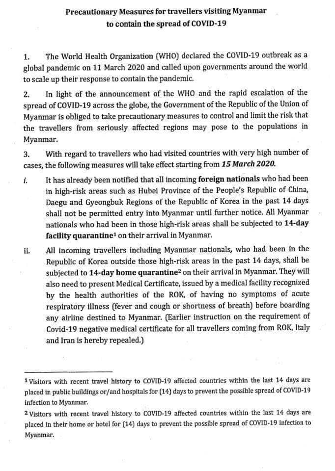 myanmaremb's tweet photo. Precautionary Measures for travellers visiting Myanmar to contain the spread of COVID-19 https://t.co/RKRptLbs6b