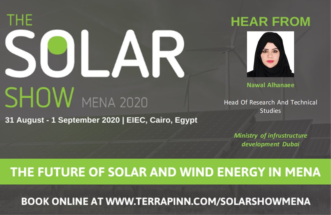 SSLEgypt's tweet photo. Join Nawal Alhanaee, Head Of Research And Technical Studies, @moiduae discussion on encouraging partnerships between utilities and smart cities in the move away from fossil fuels. Register for free: https://t.co/EFMX5kc5HL. #SolarShowMENA https://t.co/itly8kRUGE