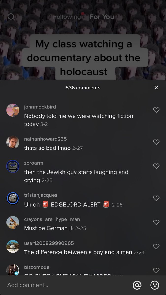 jamieshailee's tweet photo. Absolutely disgusted. A kid made a TikTok video about laughing at his classmates watching a holocaust movie. The comments section is loaded with responses like these, very few pointing out how this is not ok. https://t.co/m8CMojNY9e