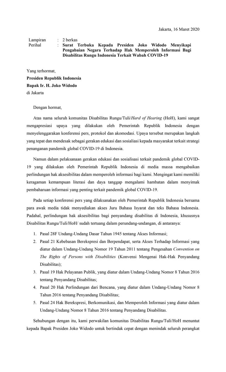 remotivi's tweet photo. Surat Terbuka dari teman-teman disabilitas rungu yang hak atas informasi terkait virus #COVID19 terabaikan oleh negara.

Bantu sebar sampai didengar. https://t.co/NIjA64JLaH
