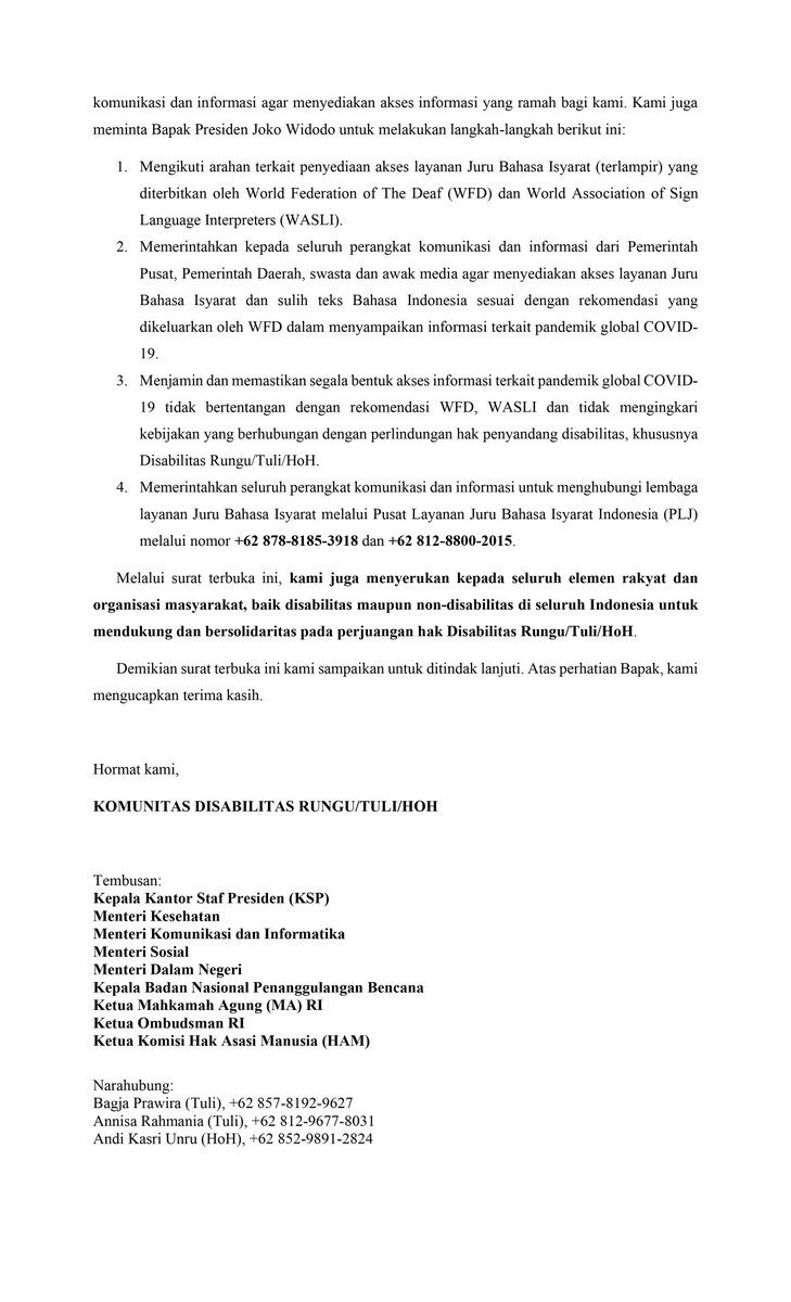 remotivi's tweet photo. Surat Terbuka dari teman-teman disabilitas rungu yang hak atas informasi terkait virus #COVID19 terabaikan oleh negara.

Bantu sebar sampai didengar. https://t.co/NIjA64JLaH