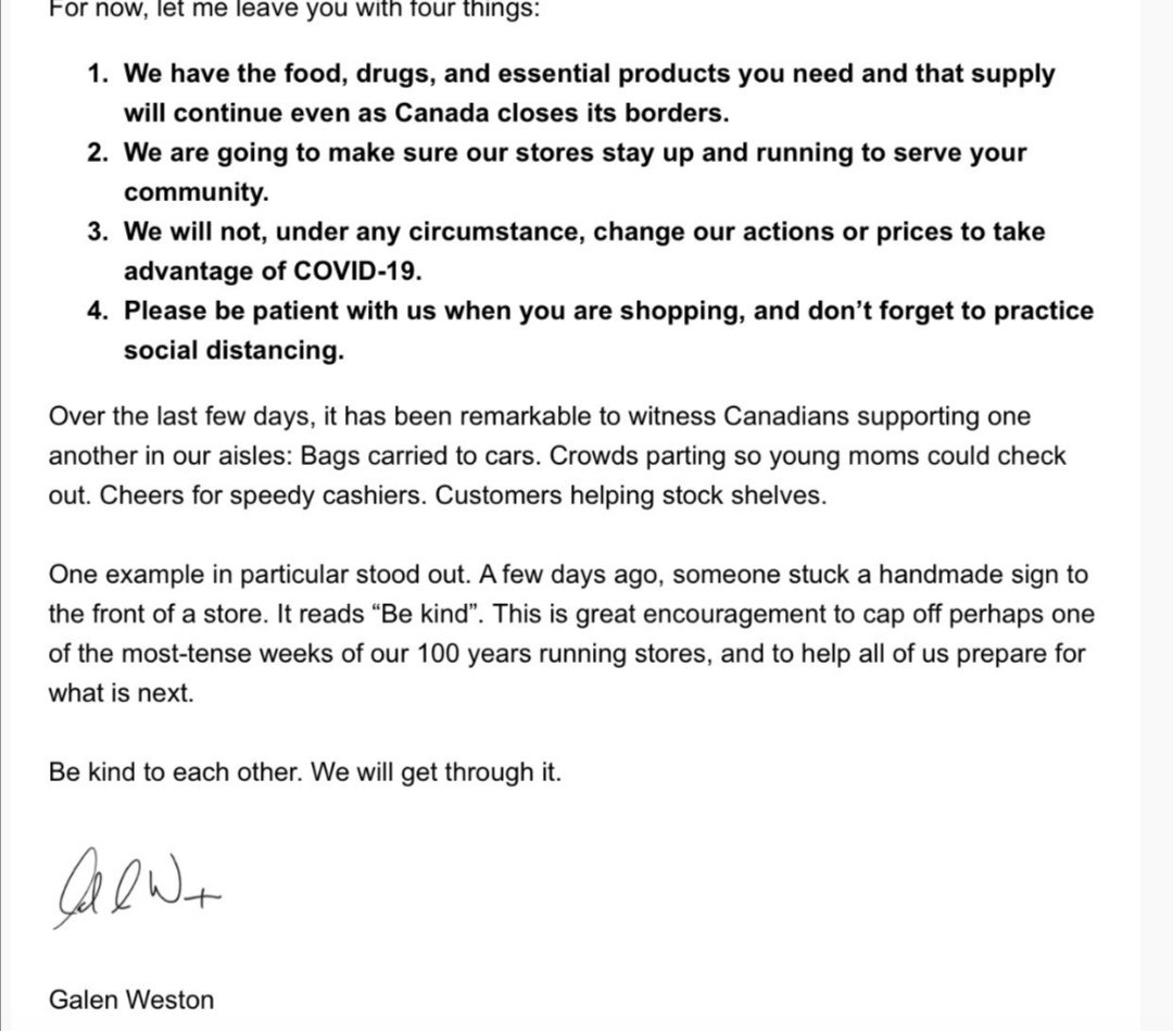Pretty comprehensive statement from Galen Weston here on how <a href="/LoblawsON/">Loblaws</a> and <a href="/ShopprsDrugMart/">Shoppers Drug Mart</a> will work during #COVID19. (needs three screen caps) #cdnpoli