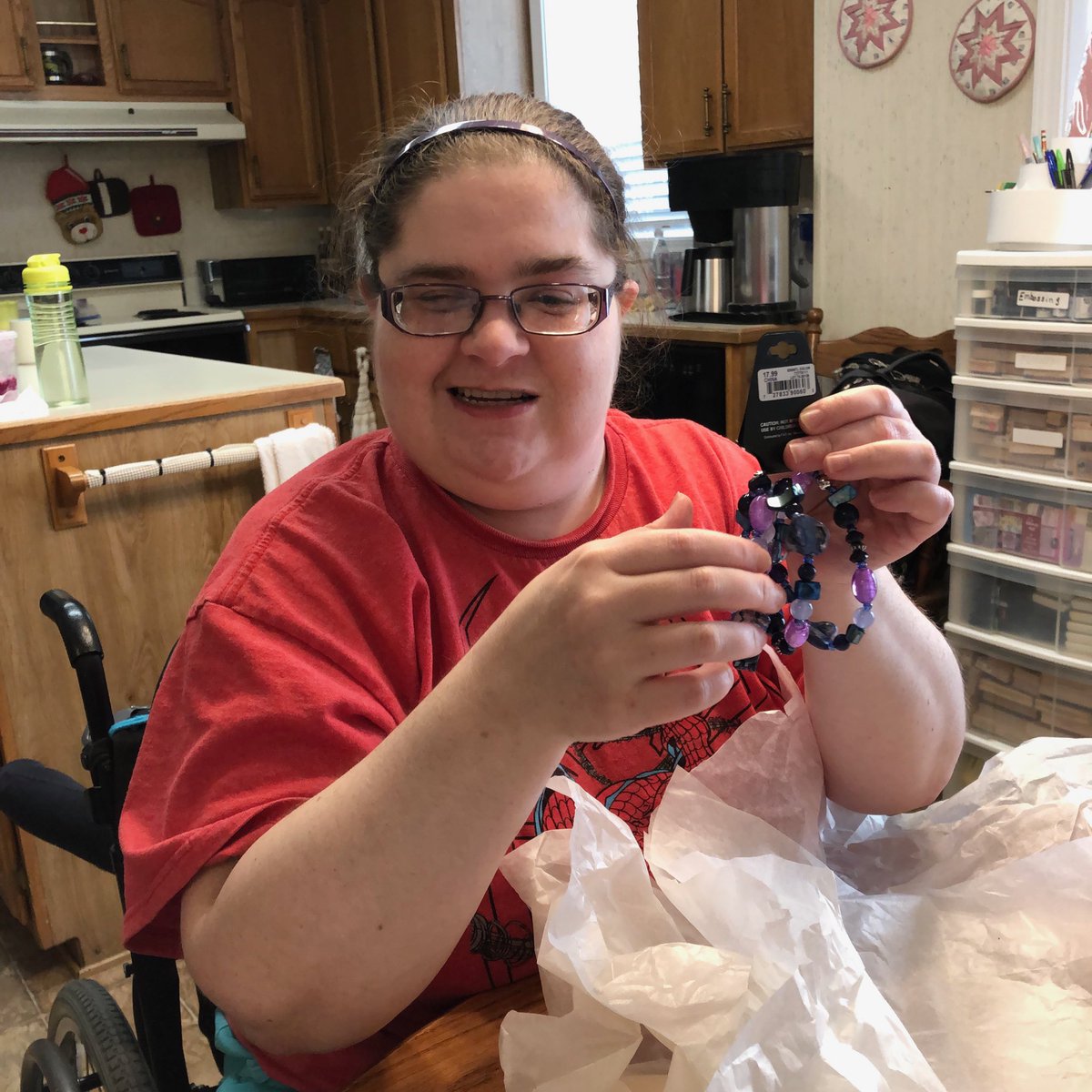 Jenn_Newkirk's tweet photo. My #BirthdayStash on March 3rd. I couldn’t keep the bracelets, because the dye on the blue beads came off on my skin. Mom took them back and got the gloves, which allow me to use my mobile devices while wearing them. #CoolHuh? https://t.co/D9qDC7HlF8