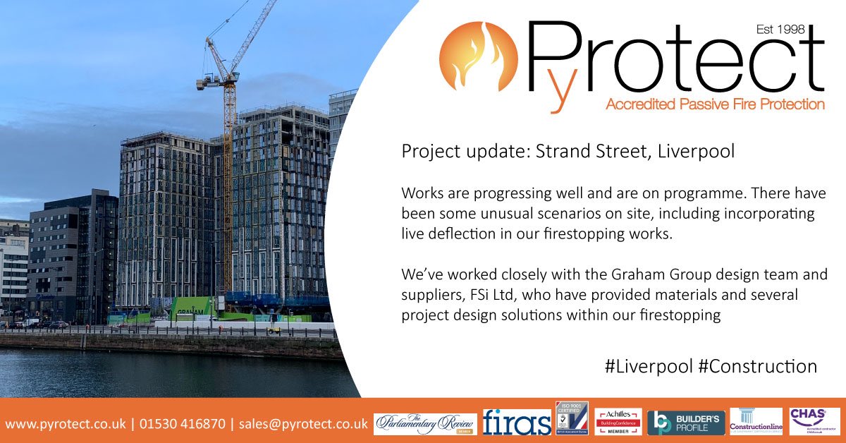 Project update: Strand Street, Liverpool
Works are progressing well and are on programme. There have been some unusual scenarios on site, including incorporating live deflection in our firestopping works. We’ve worked closely with the Graham Group design team and suppliers, FSi..